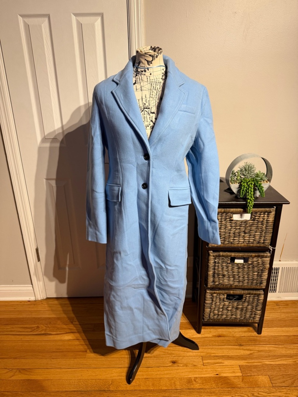 NWOT Zara Manteco Wool pea Notched Lapel Full-Length Light Blue Long Trench Coat